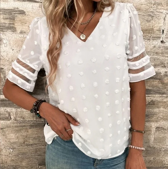 Swiss Dot Vneck Short Sleeve Blouse in White - Picture 6 of 7